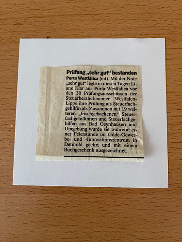 Zeitungsartikel zur bestandenen Prüfung im Mindener Tageblatt