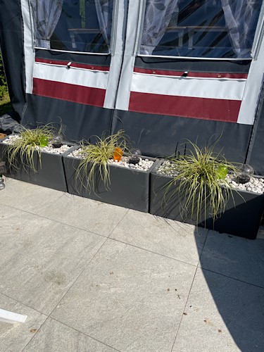 Ein Stück Vorzelt mit Terrasse und Blumenkübel bepflanzt mit Gräsern