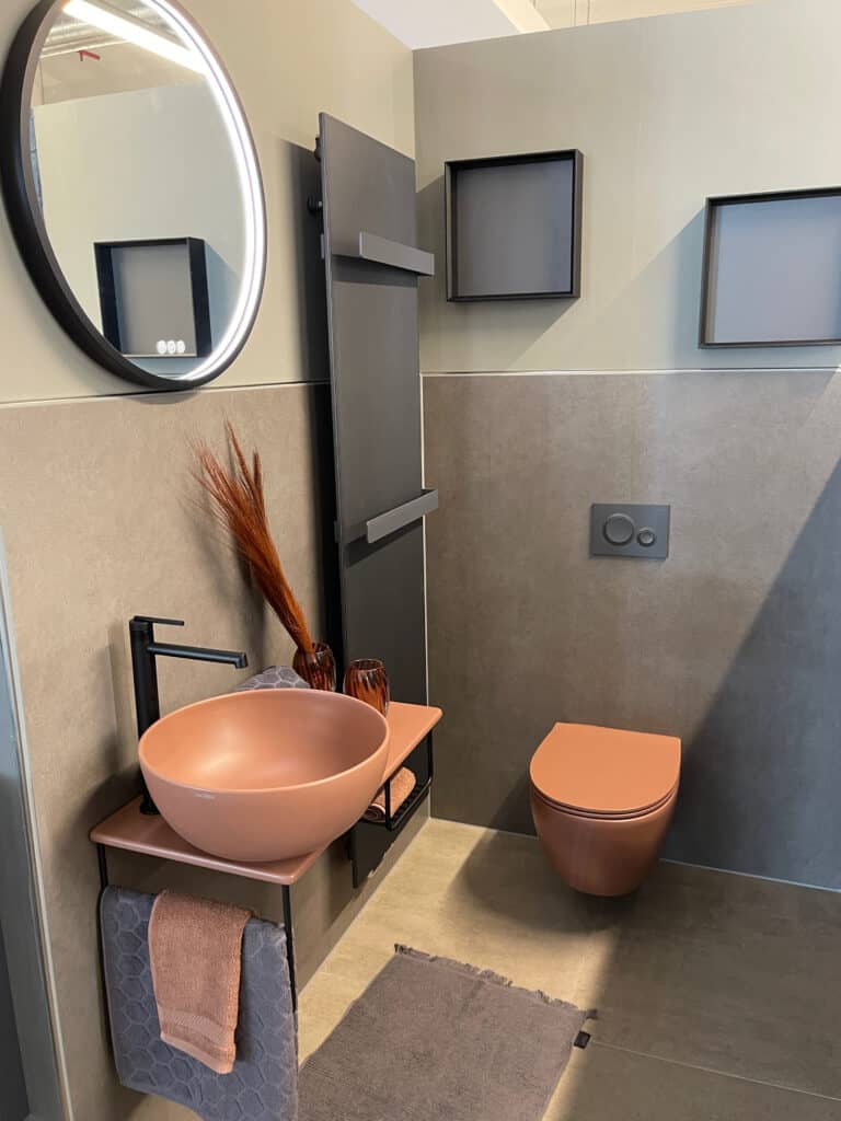 Badausstellung mit Toilette und Waschbecken in brauner Farbe