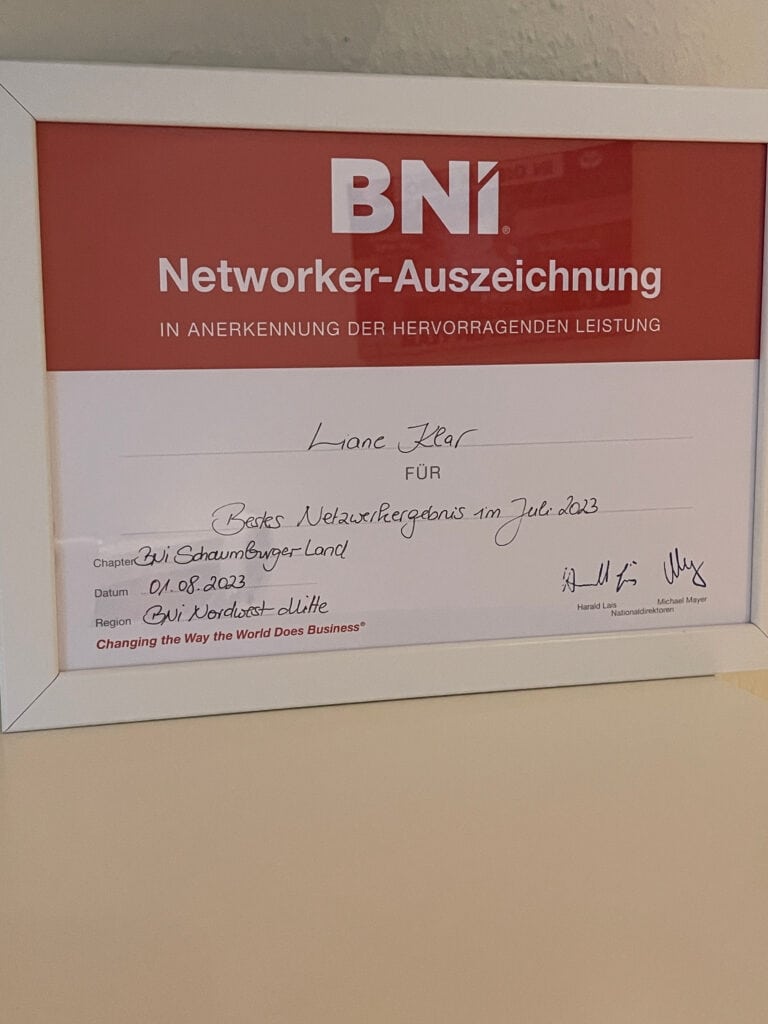Urkunde für den Netzwerker des Monats Juli 2023 vom BNI