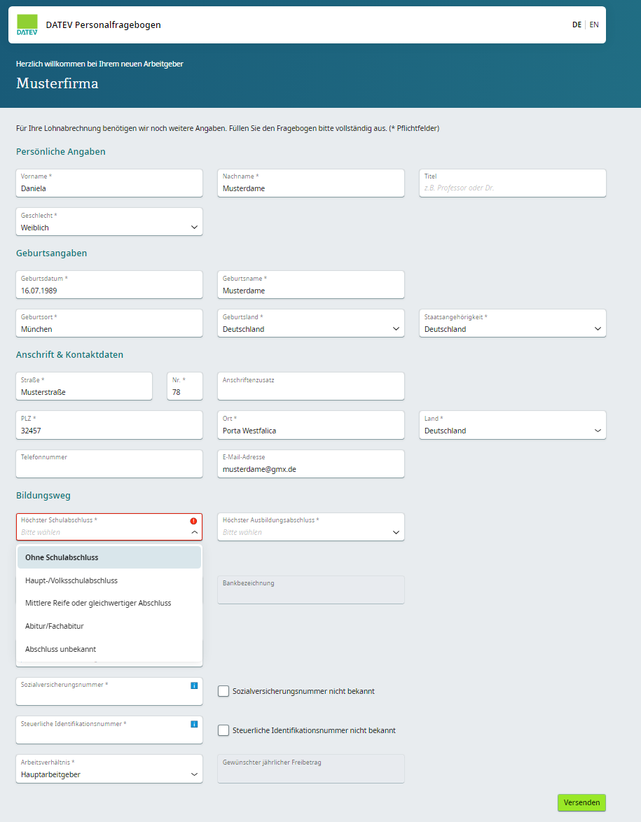 Personalfragebogen aus Mitarbeitersicht Dropdown Personalfragebogen aus Mitarbeitersicht Dropdown